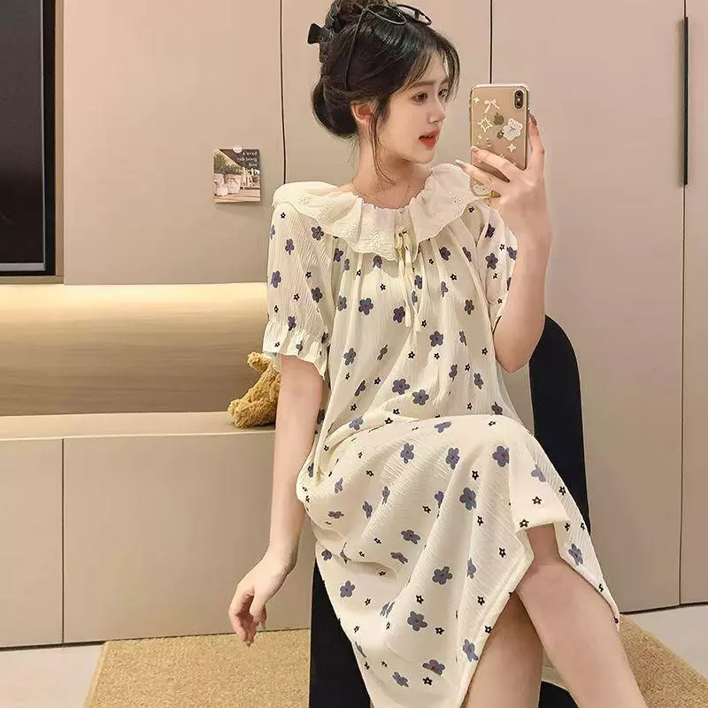【Có đệm ngực】Bộ sưu tập mới xuân hè | Cotton nguyên chất | Tay ngắn | Viền ren | Phong cách công chúa | Ngọt ngào dễ thương | Họa tiết in | Mặc ở nhà & Mặc ngoài đường | Đồ mặc nhà