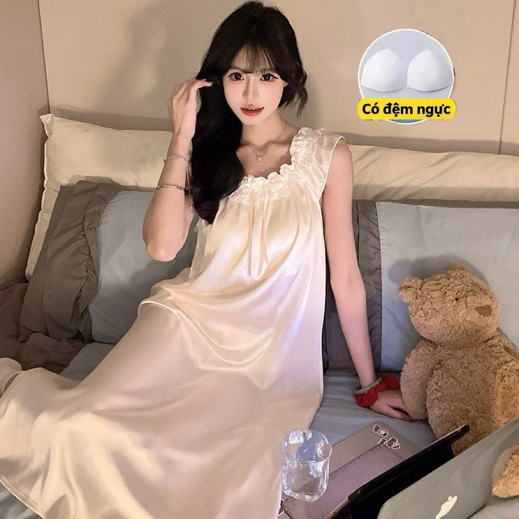 [Lụa Cao Cấp Có Miếng Lót Ngực] Váy Ngủ Dài Không Tay Lụa Ý Váy Gia Đình- Ngọt Ngào Gợi Cảm