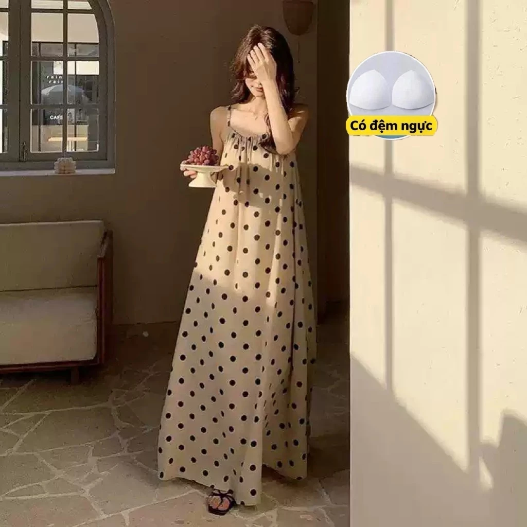[Cotton nguyên chất có miếng đệm ngực] Váy ngủ dài có dây chấm bi thanh lịch kiểu Pháp gợi cảm ngọt ngào