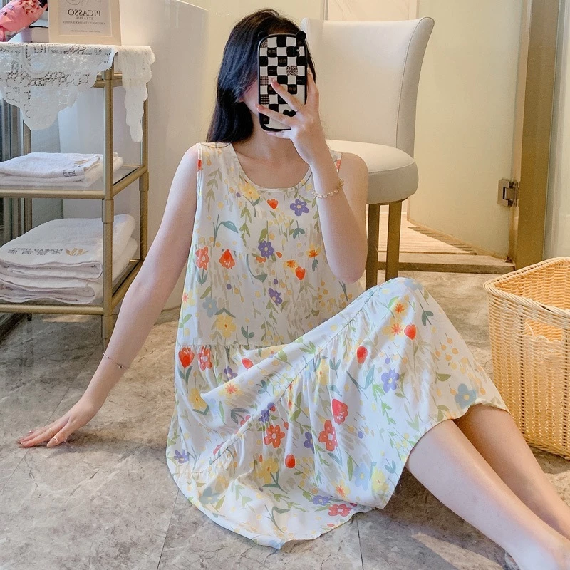 Bộ Đồ Ngủ Nữ Váy Ngủ Cotton Lụa Nhẹ Thoải Mái Tốt Thở Vừa Không Tay Mùa Hè Gợi Cảm Ngọt Ngào Dễ Thương Thoáng Mát Rời Có Thể Mặc Bên Ngoài Nữ Homewear