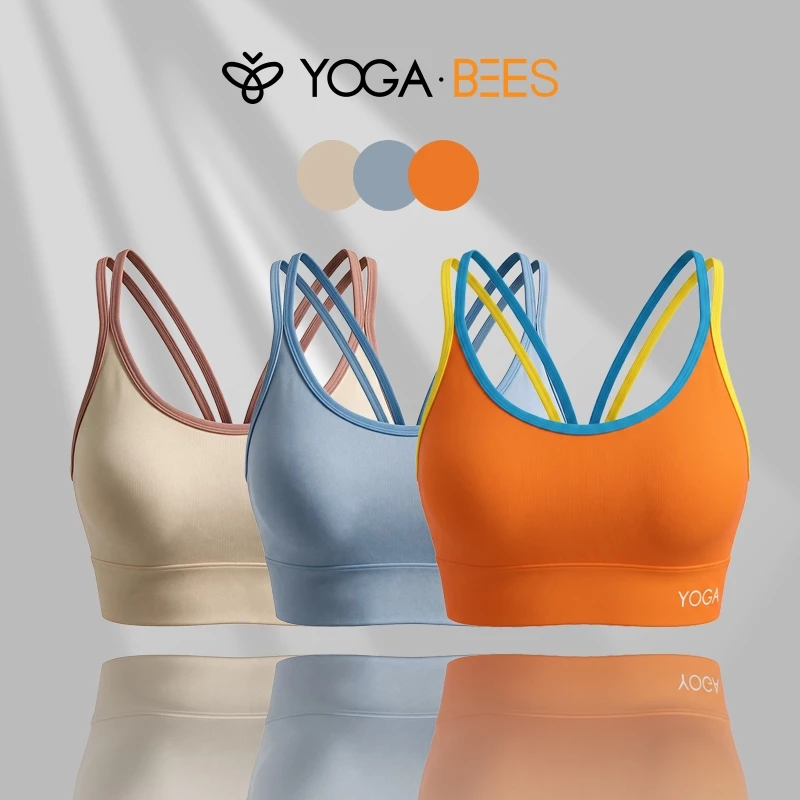 YOGA BEES Crisscross Back Áo Ngực Thể Thao Nữ Màu Sắc Tương Phản Dây Đeo Đệm Yoga Áo Ngực Không Tay Tập Thể Dục Tập Luyện Chạy Activewear 3 Màu