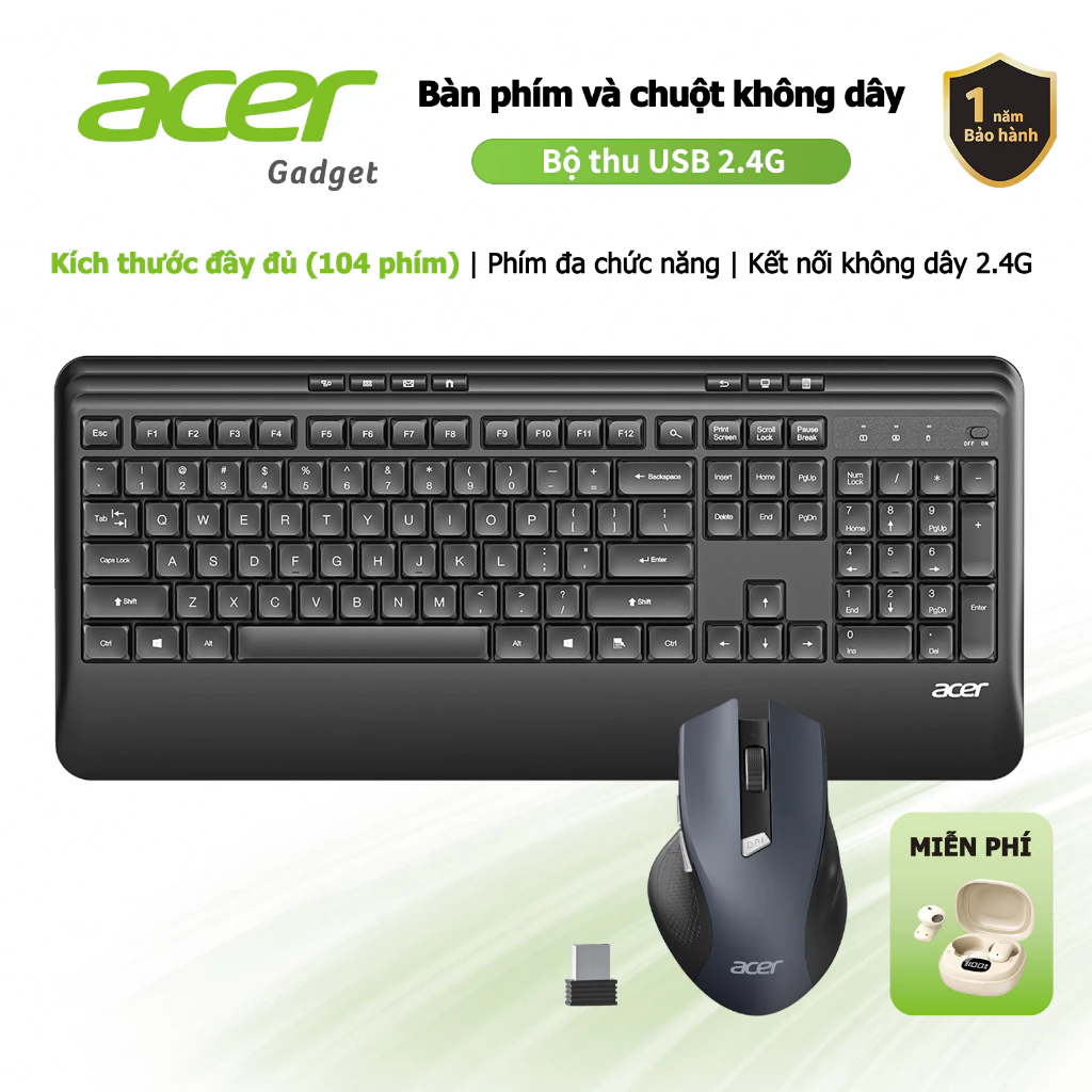 【mới】Acer Bộ Bàn Phím fullsize Chuột Không Dây 2.4GHz với 104 phím Chống Nước đa chức năng và chuột 1600DPI cho các loại máy tính điện thoại và máy tính bảng CB1001