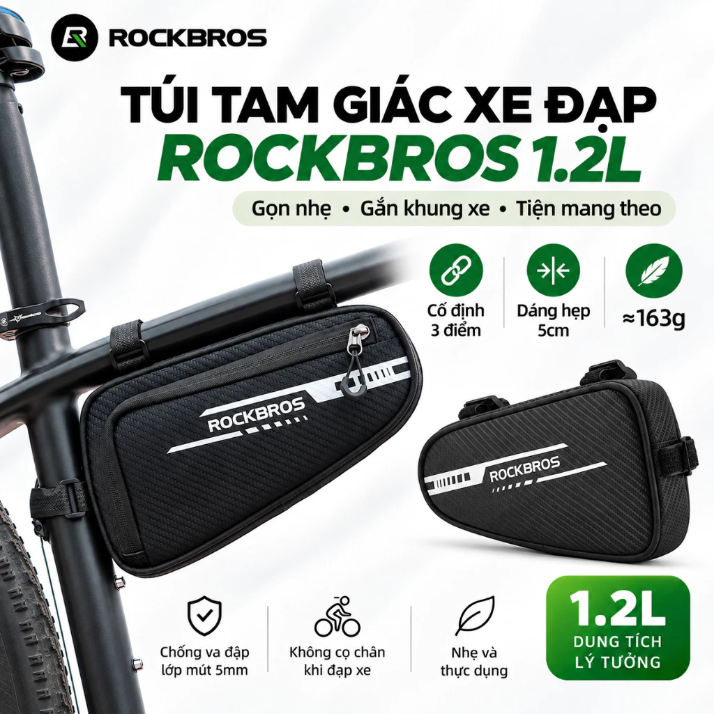 【Giao hàng 3 ngày】ROCKBROS Túi Tam Giác Khung Xe Đạp 1.2L Cố Định 3 Điểm Dáng Hẹp Không Cạ Chân Phản Quang Ngăn Chia Cho MTB Road