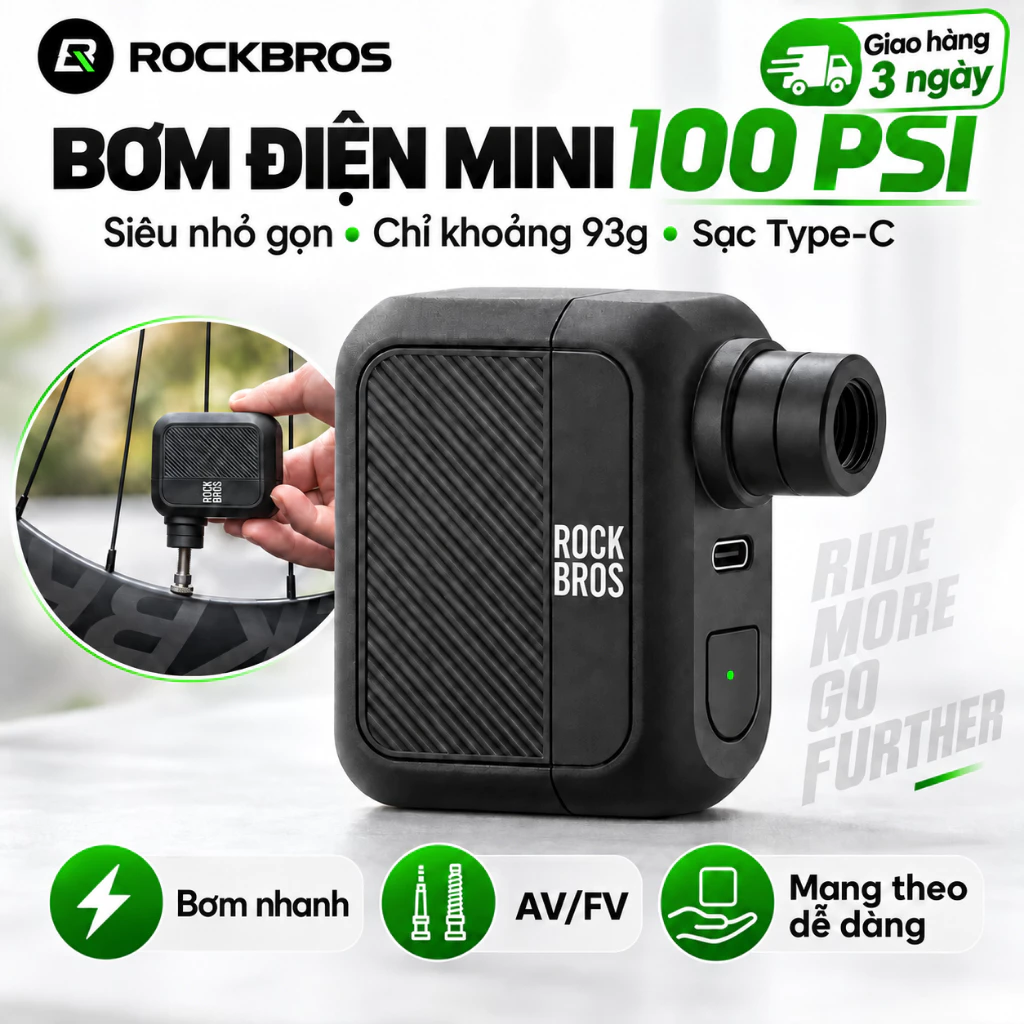 【Chính hãng】ROCKBROS Bơm Điện Xe Đạp Mini 100PSI Siêu Nhỏ Gọn 93g AV/FV Type-C Sạc Nhanh Bơm Nhanh Di Động Cho Xe Đạp Road MTB Thể Thao