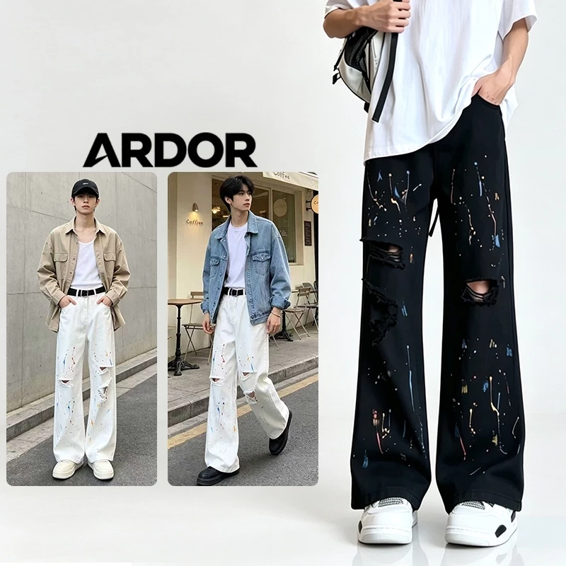 ARDOR Quần Jean Baggy Nam Nữ Ống Rộng Cao Cổ Form Rộng Đen Trắng Giặt Rách Bắn Mực Nửa Thun Lưng Chất Liệu Denim Cao Cấp Bền Đẹp Thời Trang Cổ Điển Retro Unisex Quần Ống Đứng Rộng Phong Cách Hàn Quốc Oversize Mặc Đi Chơi Đi Học