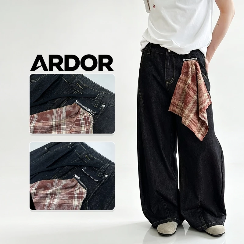 ARDOR Quần Jean Baggy Nam Nữ Ống Rộng Cao Cổ Form Rộng Ống Cong Lưỡi Liềm Đen Giặt Nửa Thun Lưng Khăn Caro Tháo Rời Chất Liệu Denim Cao Cấp Thời Trang Cổ Điển Retro Unisex Quần Ống Đứng Rộng Phong Cách Hàn Quốc Mặc Đi Chơi