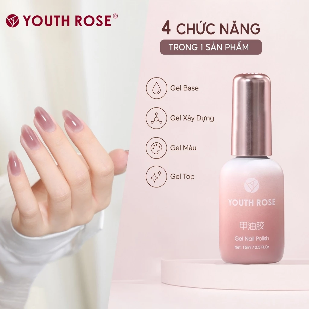 Youth Rose Gel xay dung 4 trong 1 giup tang cuong do cong dep cho mong, JD12,lam lop nen, gia co be mat mong va son mong,hoan thien trong mot chai duy nhat