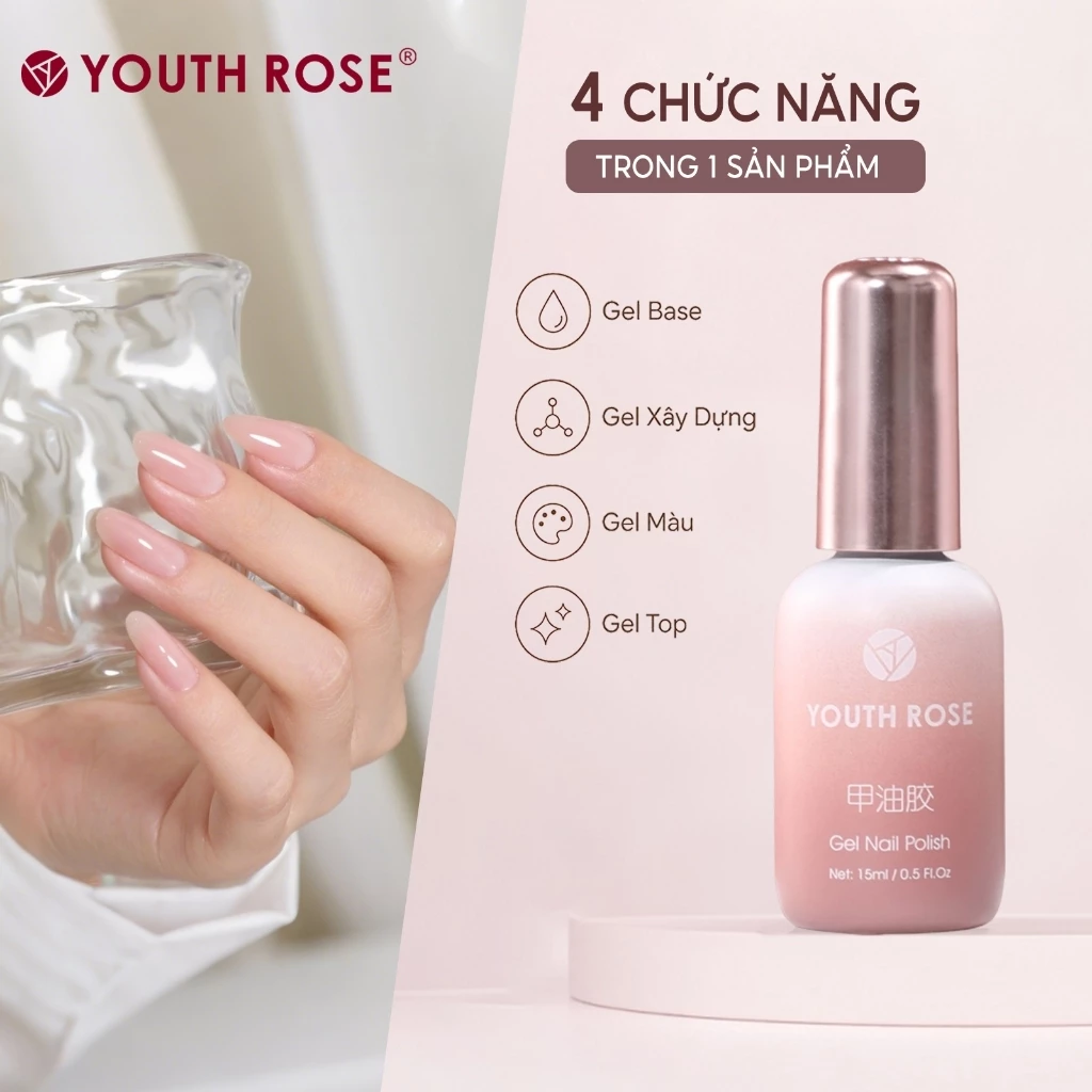 Youth Rose Gel xay dung 4 trong 1 giup tang cuong do cong dep cho mong, JD19,lam lop nen, gia co be mat mong va son mong,hoan thien trong mot chai duy nhat