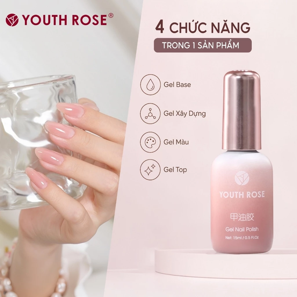 Youth Rose Gel xay dung 4 trong 1 giup tang cuong do cong dep cho mong, JD20,lam lop nen, gia co be mat mong va son mong,hoan thien trong mot chai duy nhat