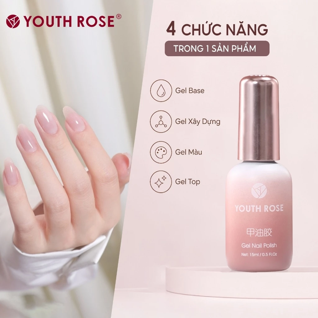 Youth Rose Gel xay dung 4 trong 1 giup tang cuong do cong dep cho mong, JD18,lam lop nen, gia co be mat mong va son mong,hoan thien trong mot chai duy nhat