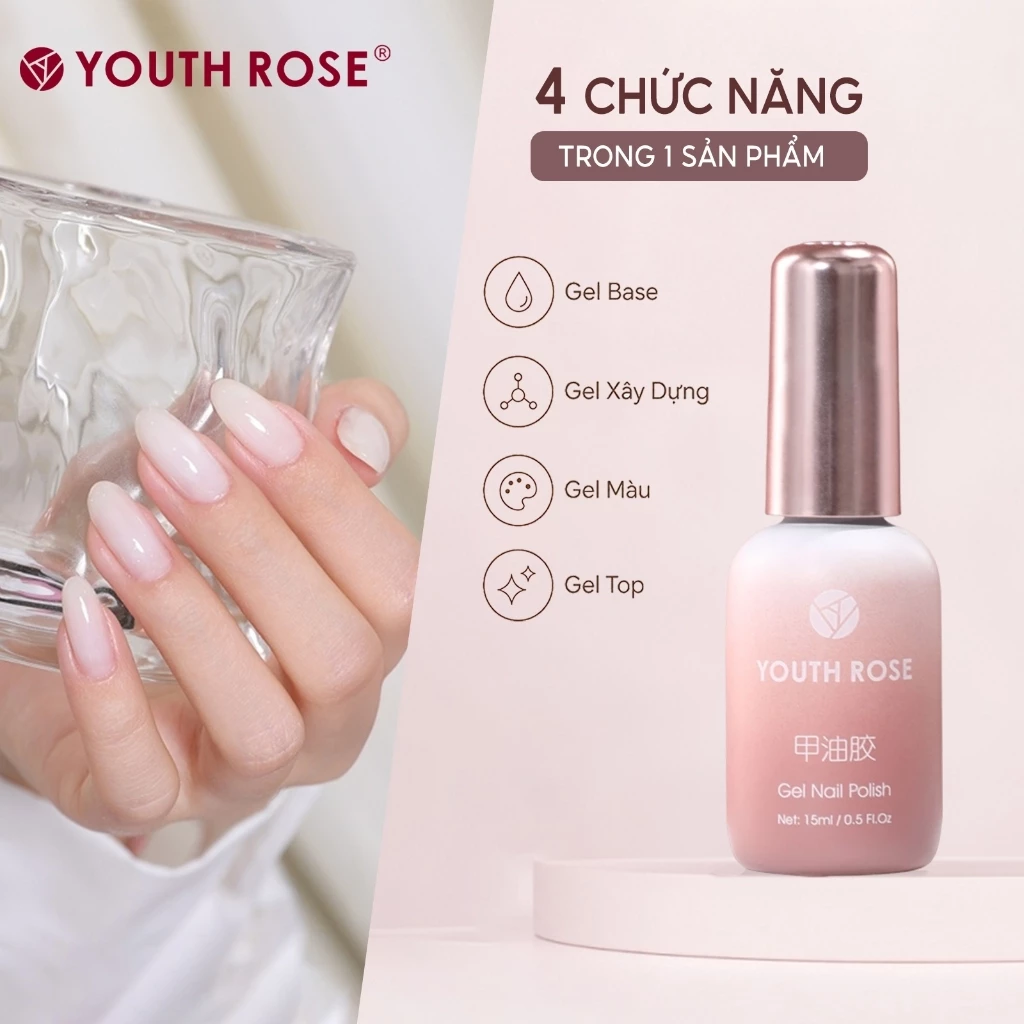 Youth Rose Gel xay dung 4 trong 1 giup tang cuong do cong dep cho mong, JD17,lam lop nen, gia co be mat mong va son mong,hoan thien trong mot chai duy nhat