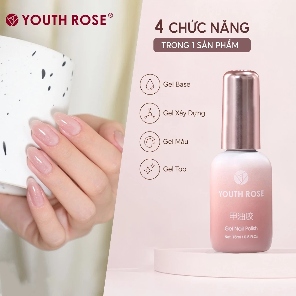 Youth Rose Gel xay dung 4 trong 1 giup tang cuong do cong dep cho mong, JD16,lam lop nen, gia co be mat mong va son mong,hoan thien trong mot chai duy nhat