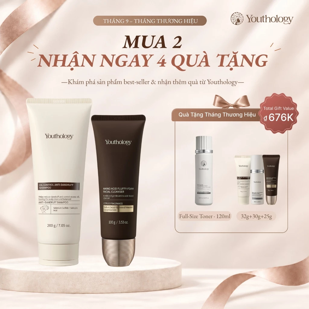 Youthology Dầu Gội Trị Gàu 200g + Sữa Rửa Mặt Amino Acid 100g - Làm Sạch Da Đầu & Da Mặt, Kiểm Soát Dầu, Dịu Nhẹ