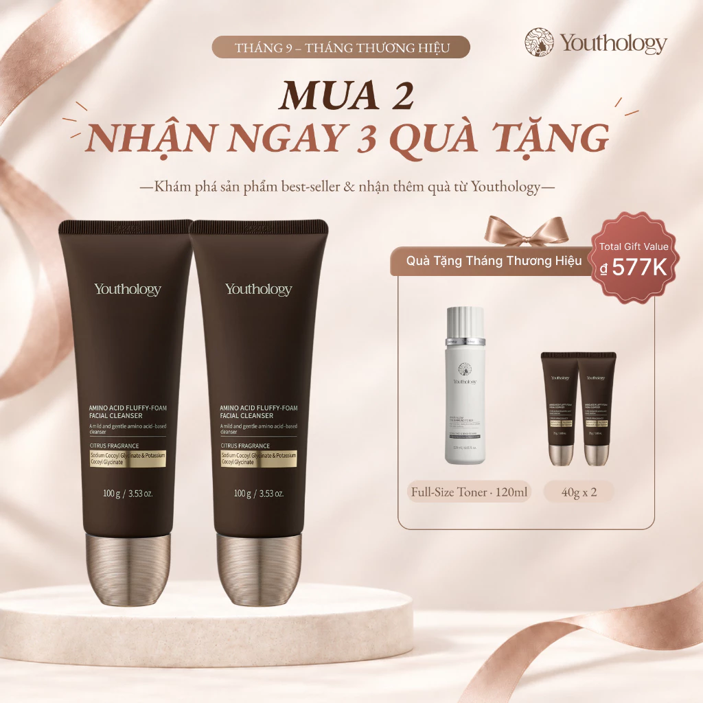 Youthology Sữa Rửa Mặt Amino Acid 100g x2 - Tạo Bọt Mịn, Làm Sạch Sâu, Dưỡng Ẩm + Tặng 2 Mini