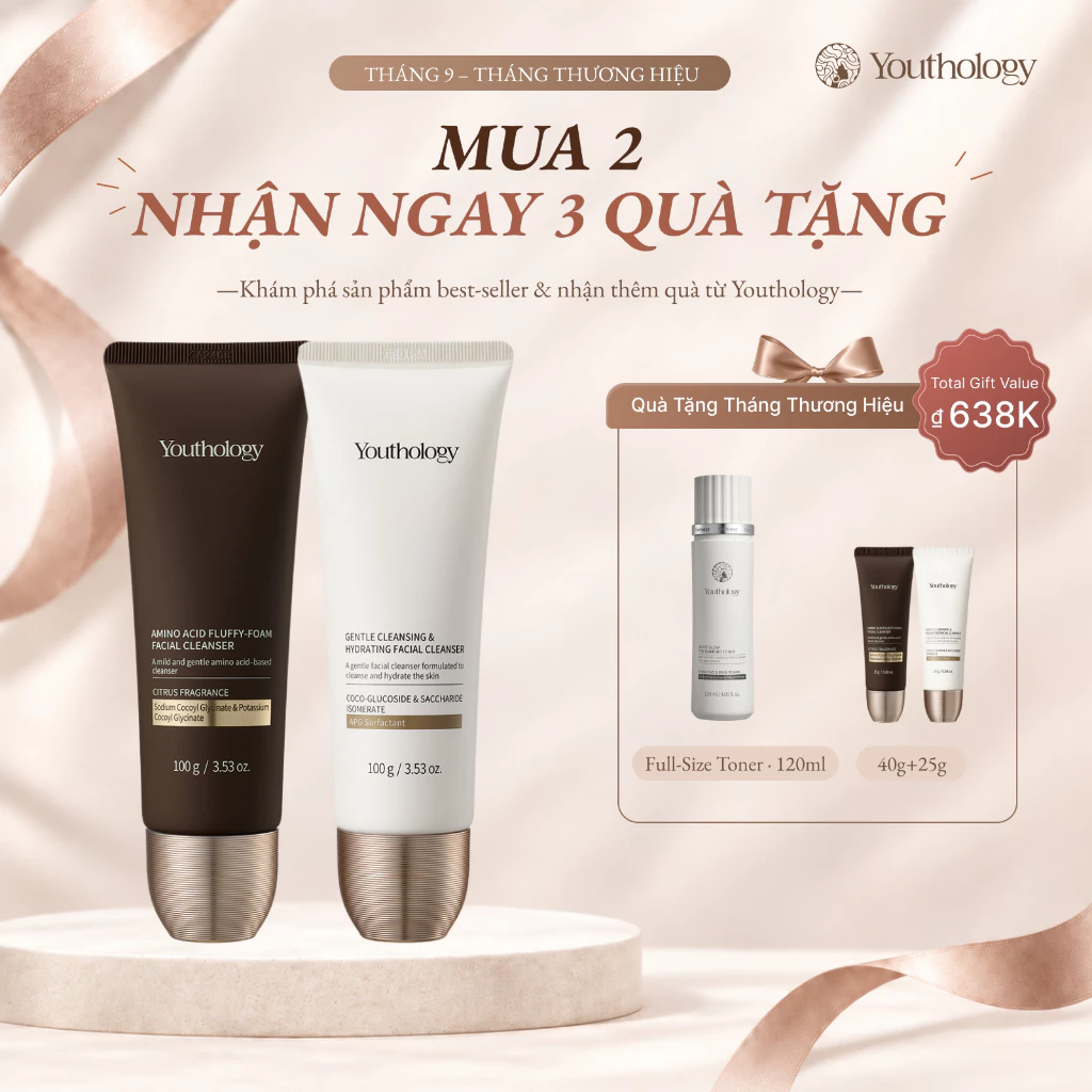 Youthology Combo Sữa Rửa Mặt 2 Bước Cho Da Nhạy Cảm APG Dịu Nhẹ Buổi Sáng Amino Acid Tạo Bọt Buổi Tối Làm Sạch Sâu Kiểm Soát Dầu