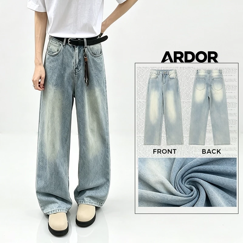 Quần jean nam suông thẳng cao eo màu xanh nhạt wash gradient, chất vải bền thoáng mát, kiểu dáng che khuyết điểm chân, phong cách streetwear cleanfit hàng ngày, nhiều size S-XXL