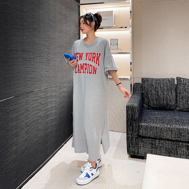 Cotton Nguyên Chất Plus Kích Thước Áo Thun Đầm Mùa Hè 2026 Phong Cách Lười Độc Đáo In Chữ Giữa Chiều Dài Chia Đầm Rời