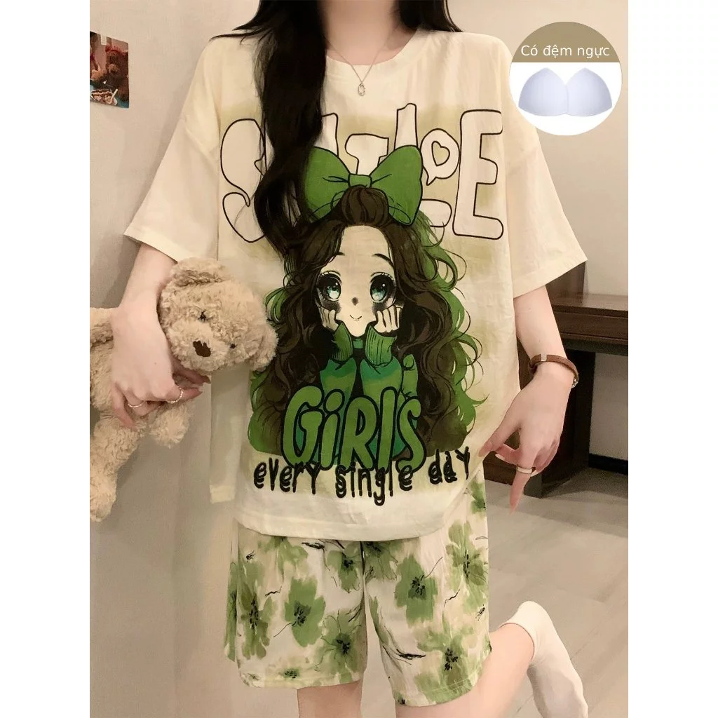 Bộ Đồ Ngủ Có Miếng Lót Ngực Nữ 2026 Phong Cách Mới Mùa Hè Hoạt Hình Dễ Thương Tay Ngắn Mỏng Phong Cách Mùa Hè Nữ Homewear Phù Hợp Với
