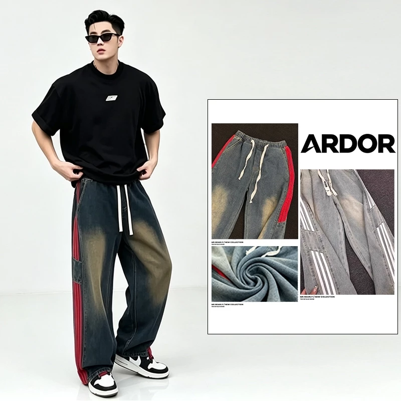 Quần Jean Baggy Nam Nữ Ống Rộng Cao Cổ Form Rộng Sọc Trắng Đỏ Giặt Thun Lưng Chất Liệu Denim Cao Cấp Bền Đẹp Thời Trang Unisex Quần Ống Đứng Rộng Dài Tới Gót Chân Phong Cách Hàn Quốc Streetwear Oversize Mặc Đi Chơi Đi Học