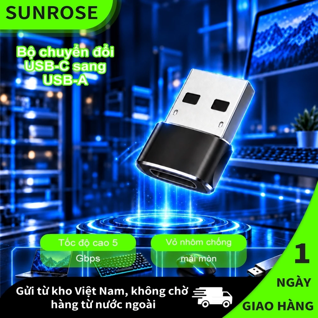 SUNROSE Bộ Chuyển Đổi USB-C Sang USB-A 3.0, Adapter Type-C OTG 5Gbps, Vỏ Nhôm Cao Cấp, Plug & Play Cho Laptop Điện Thoại Máy Tính Bảng USB