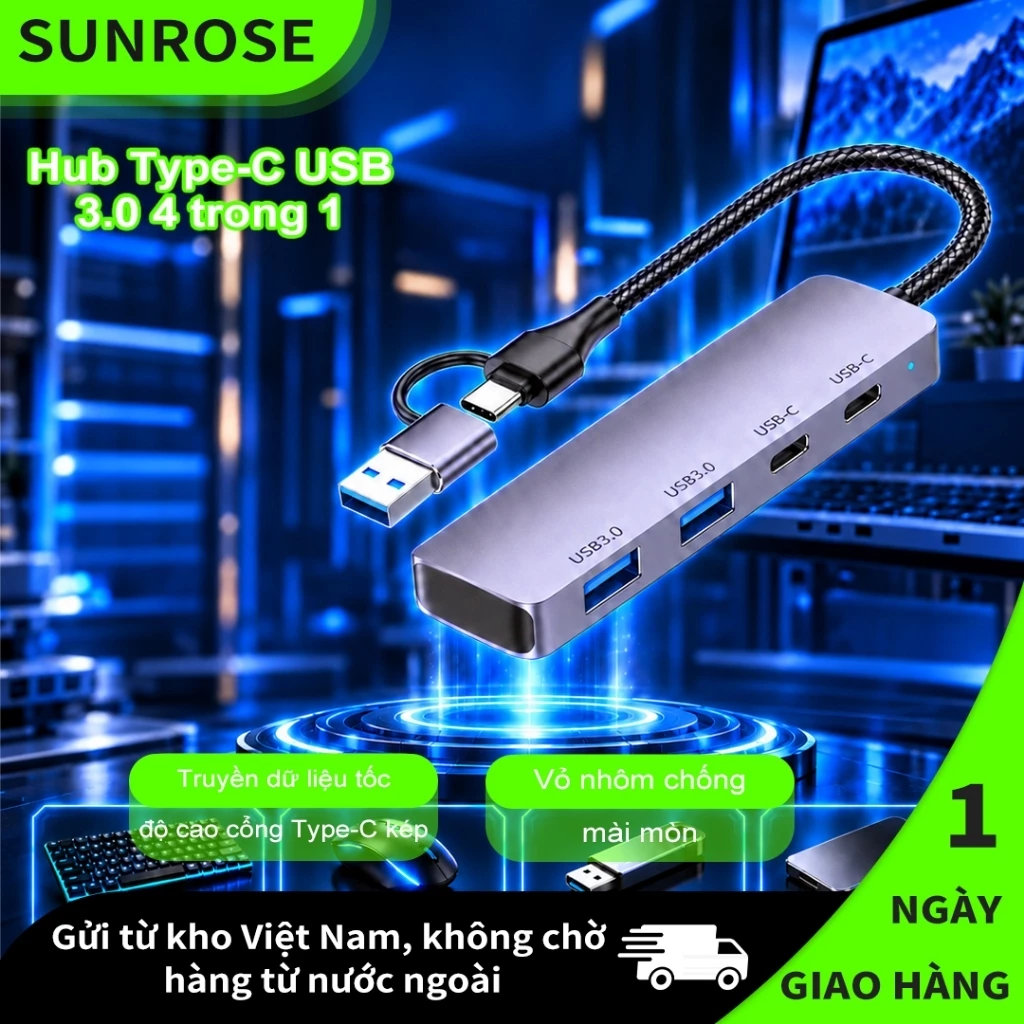 SUNROSE Hub USB 3.0 Type-C 4 trong 1, Truyền dữ liệu tốc độ cao 5Gbps, Vỏ nhôm cao cấp, 4 cổng USB 3.0, Plug & Play, Tương thích với Windows / Mac / Linux, f