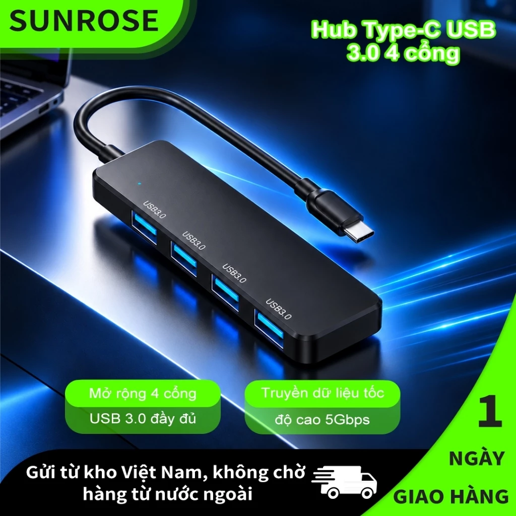 SUNROSE 4 trong 1 USB-C Hub 4x USB 3.0 Cổng 5Gbps Mini Di Động Tốc Độ Cao Cắm & Chạy Đèn Báo Tản Nhiệt Nhanh Cho Laptop & Máy Tính Bảng