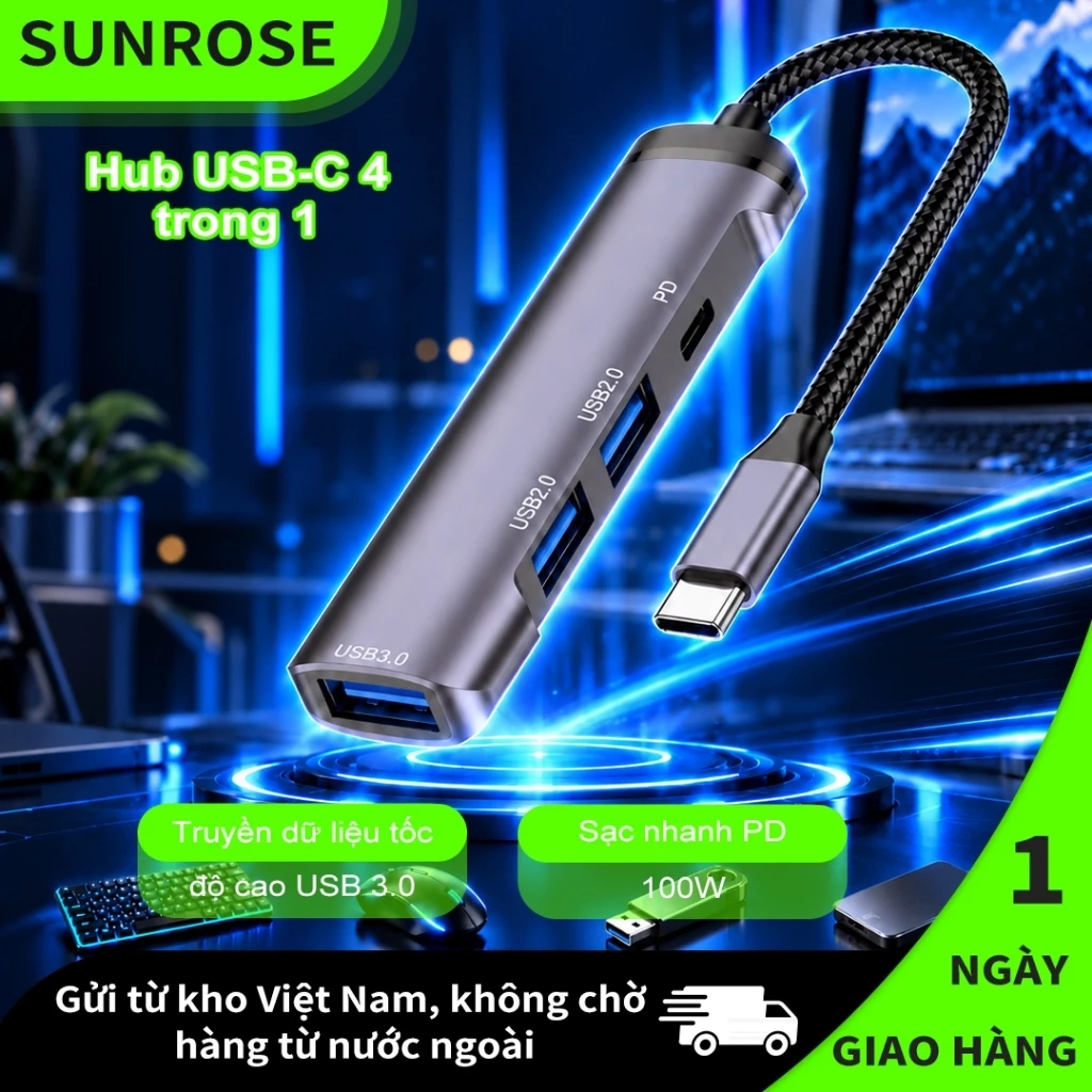 SUNROSE 4 trong 1 USB-C Hub 1x USB 3.0 + 2x USB 2.0 + 100W PD Sạc 5Gbps Vỏ nhôm tốc độ cao Cắm & Chạy Truyền ổn định Tản nhiệt cho Laptop, Điện thoại & Máy tính bảng