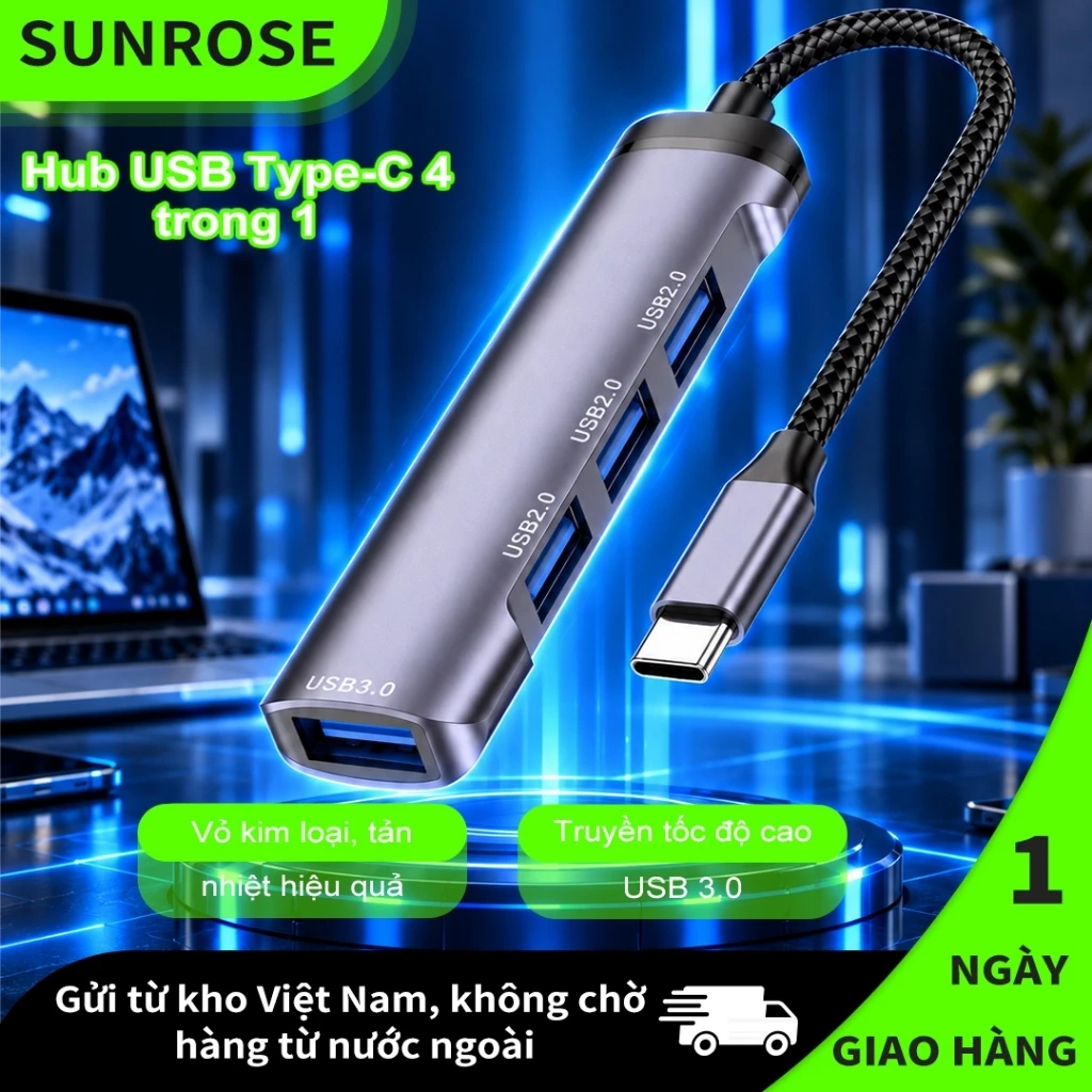 SUNROSE 4 trong 1 USB-C Hub 1 * Cổng USB 3.0 + 3 * Cổng USB 2.0 Bộ chuyển đổi đa cổng truyền dữ liệu tốc độ cao 5Gbps cho máy tính xách tay Máy tính bảng và hơn thế nữa