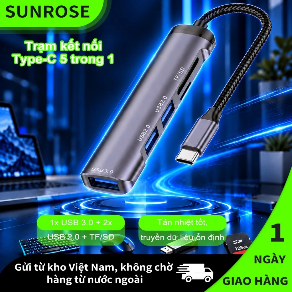 SUNROSE 5 trong 1 USB-C Hub 1xUSB 3.0 + 2xUSB 2.0 + Đầu đọc thẻ TF / SD 5Gbps Vỏ nhôm tốc độ cao Cắm & Chạy tản nhiệt Truyền ổn định cho máy tính xách tay, điện thoại & máy tính bảng