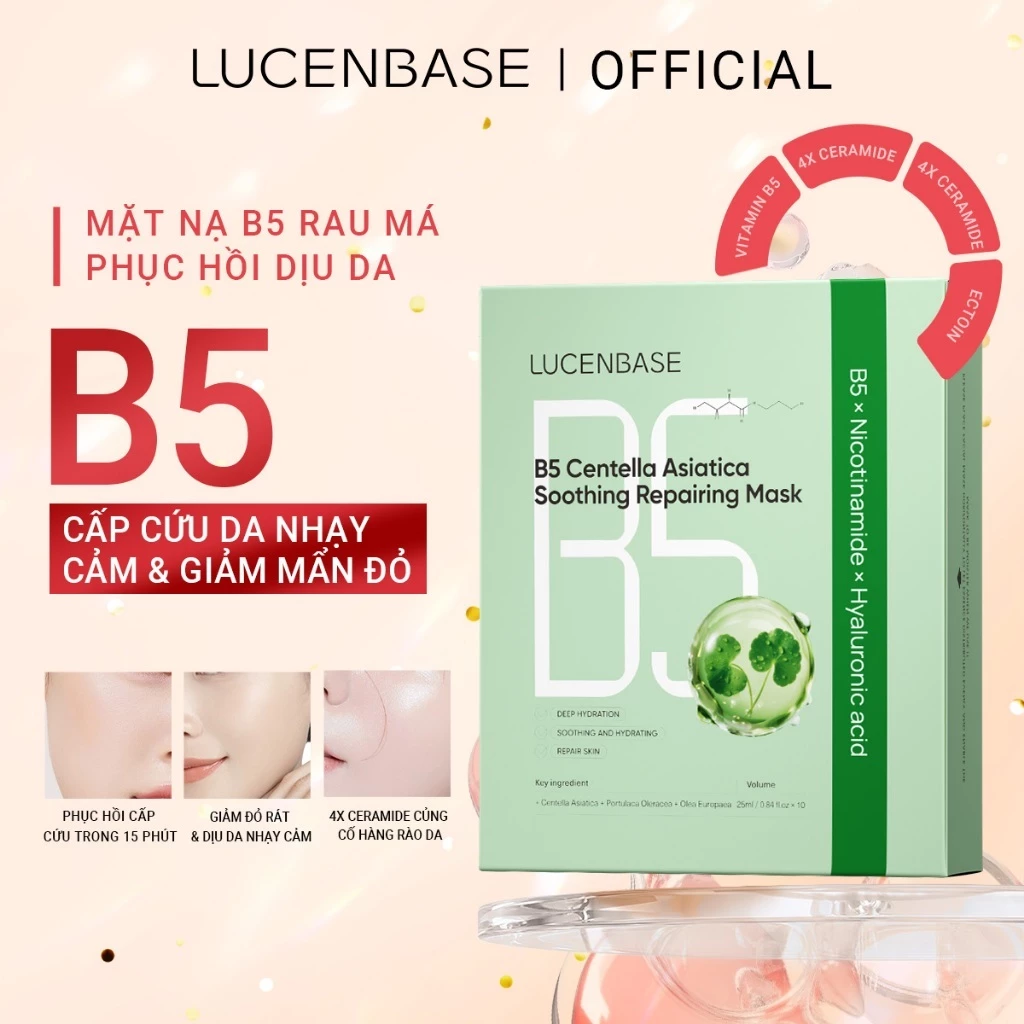 Mặt Nạ LUCENBASE B5 Rau Má Phục Hồi Da & Làm Dịu Mẩn Đỏ 25ml (Hộp 10 Miếng) - Cho Da Nhạy Cảm