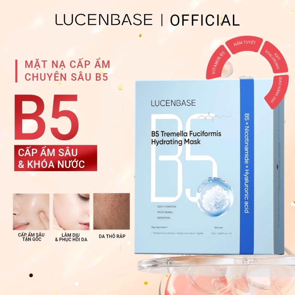 Mặt Nạ LUCENBASE B5 Nấm Tuyết Dưỡng Ẩm & Phục Hồi Da 25ml (Hộp 10 Miếng) - Cấp Nước Sâu, Làm Dịu Da