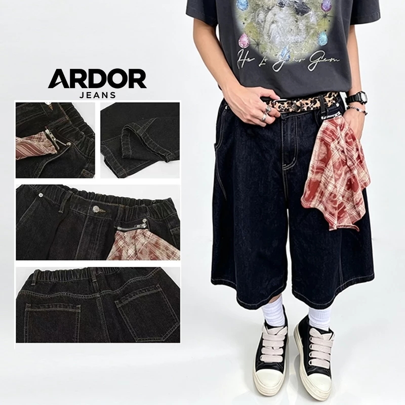 Quần jean short lửng nam ống rộng, quần jeans 7/8 nam màu đen dáng baggy rộng thoải mái, lưng bán đàn hồi, có khăn caro tháo rời, quần lửng denim thời trang đường phố, phối đồ đa năng nam nữ, chất jean bền đẹp