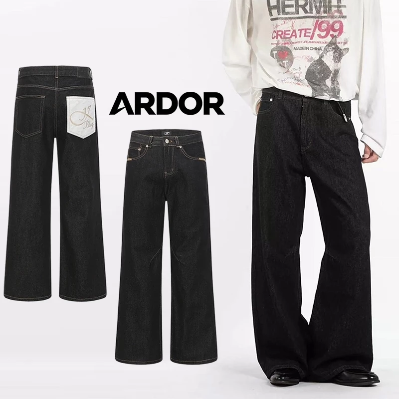 Quần Jean Nam Baggy Ống Suông hiphop Retro Wash dáng đứng vải jean bò xanh cao cấp boy phố, màu đen, túi sau in họa tiết chữ, chất vải dày dặn thoải mái, kiểu dáng cao eo che khuyết điểm, phối đồ hàng ngày