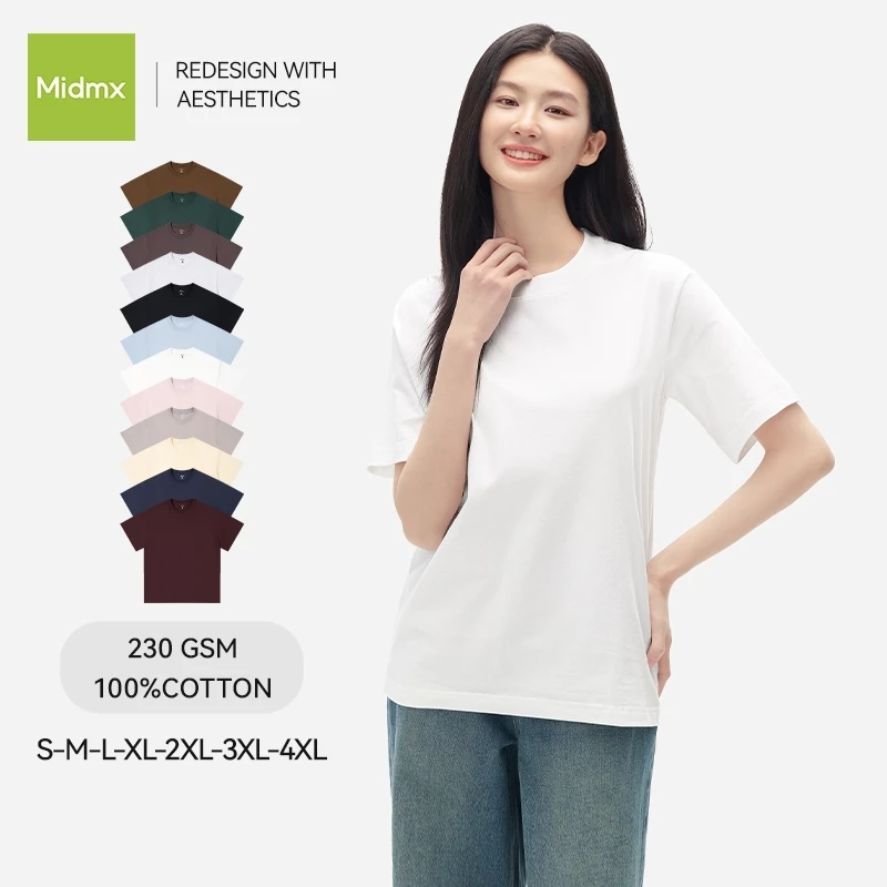 Cổ Tròn Nam Nữ Áo thun trơn 230GSM Cotton Form Suông Áo thun Midmx