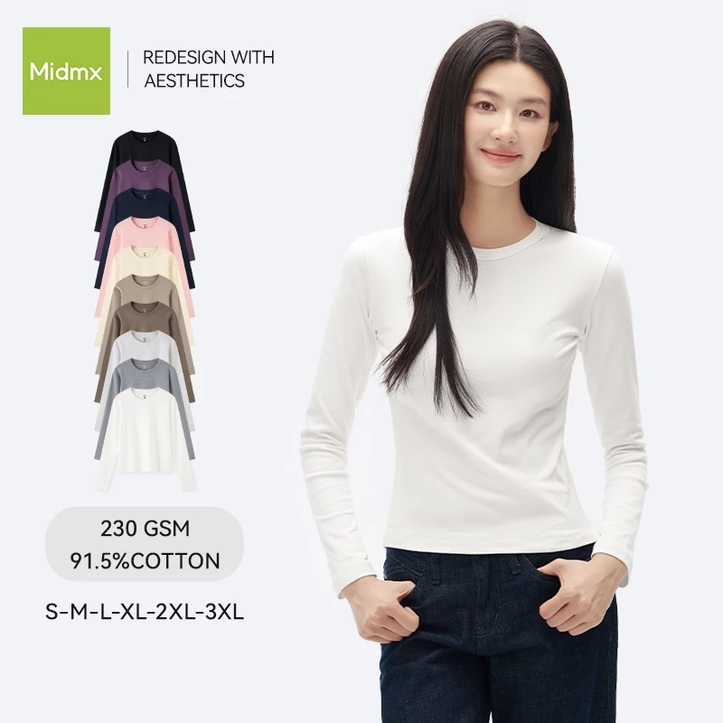 Midmx Slim Fit Nữ Tay Ngắn Cổ Tròn Áo Thun Cotton Co Giãn Cao Cấp Dây Eo Thể Hiện Eo Slimness Áo Thun Nữ Cơ Bản Phong Cách Hàn Quốc Gợi Cảm