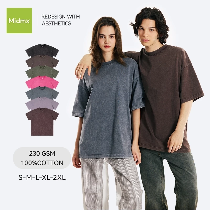 Áo thun trơn unisex wash cotton Midmx nam nữ cổ tròn form oversize Basic