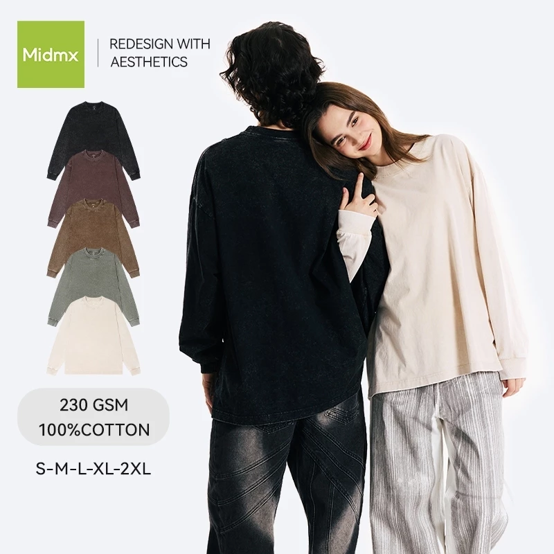 Midmx Áo Thun Nam Dài Tay 280gsm Cotton-cổ tay áo có gân