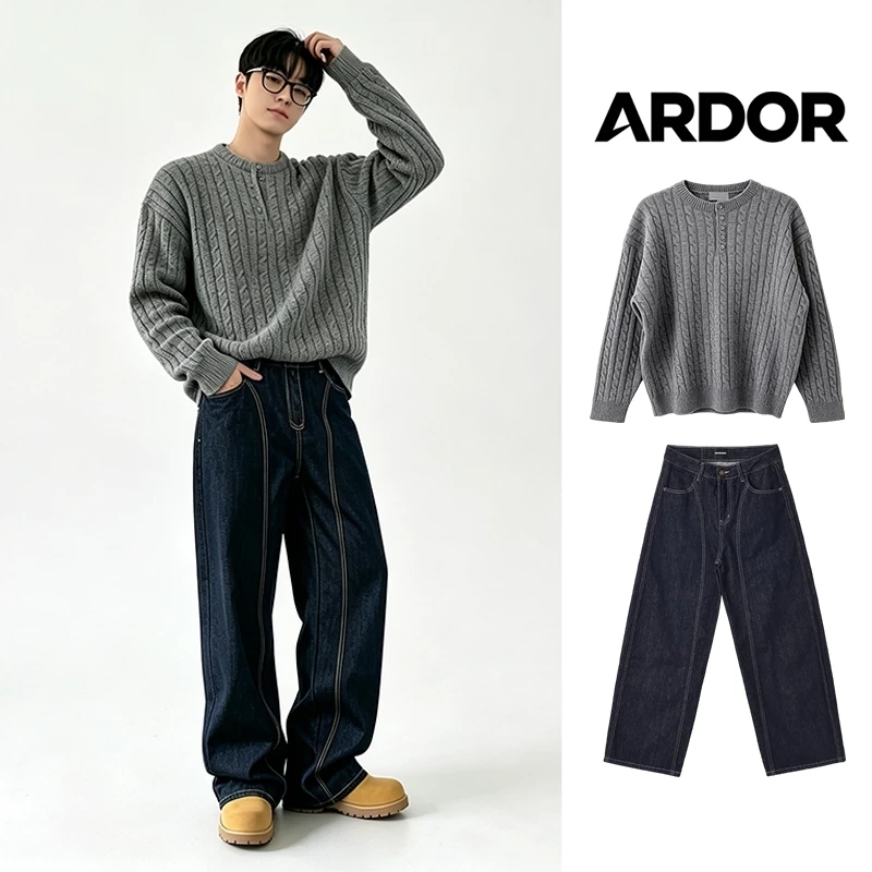 Áo len henley nam nữ unisex dáng rộng vai rơi, áo knit xám dệt hoa xoắn ốc cổ tròn nửa mở nút bấm, chất len mềm giữ ấm, áo len phong cách Hàn Quốc, mặc trong hoặc ngoài, phối đồ đa năng hàng ngày