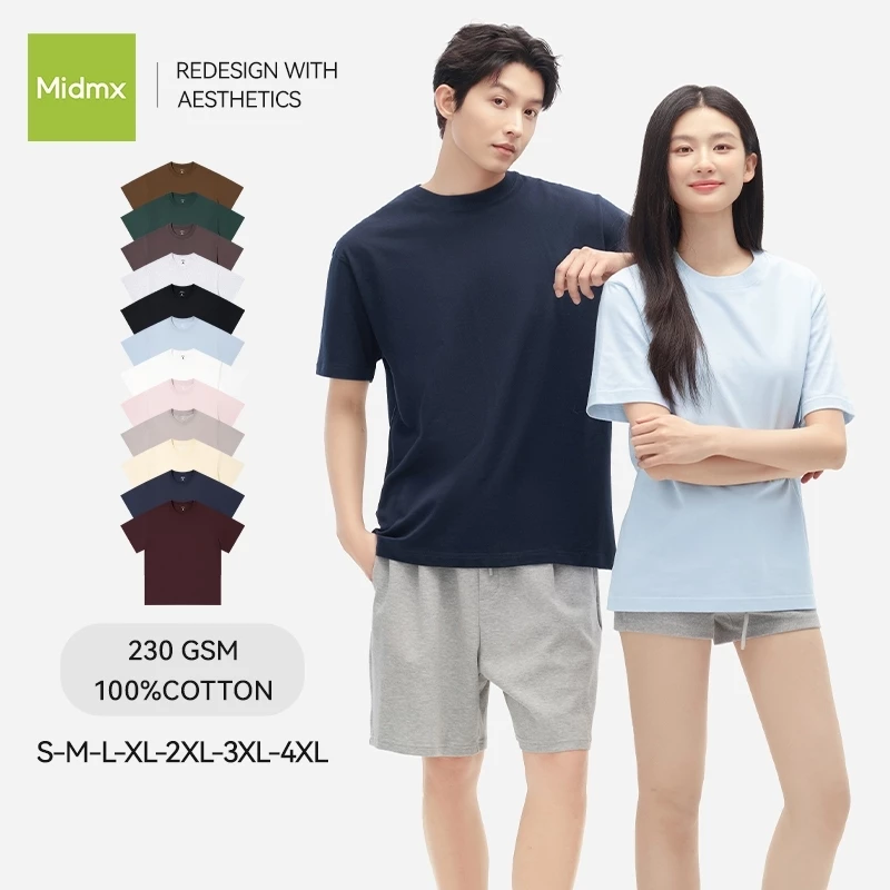 MIDMX 230G Áo thun ngắn tay cotton nguyên chất dày dặn, phong cách thường ngày dễ phối đồ, màu trơn, unisex, thoải mái và thoáng khí