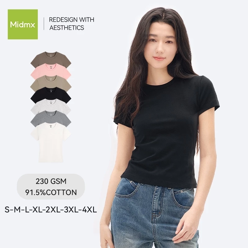 MIDMX Nữ Slim-fit Áo Thun Ngắn Tay 91,5% Cotton Mềm Mại Co Giãn Thắt Lưng Cơ Bản