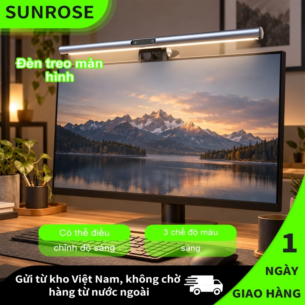 SUNROSE S2 Đèn gắn màn hình, Nguồn sáng chống chói bất đối xứng,Đèn LED màn hình máy tính,  Điều khiển cảm ứng, 3 chế độ màu, Làm mờ vô cấp, Chống ánh sáng xanh & Không nhấp nháy, Đèn bàn chăm sóc mắt Monitor light bar