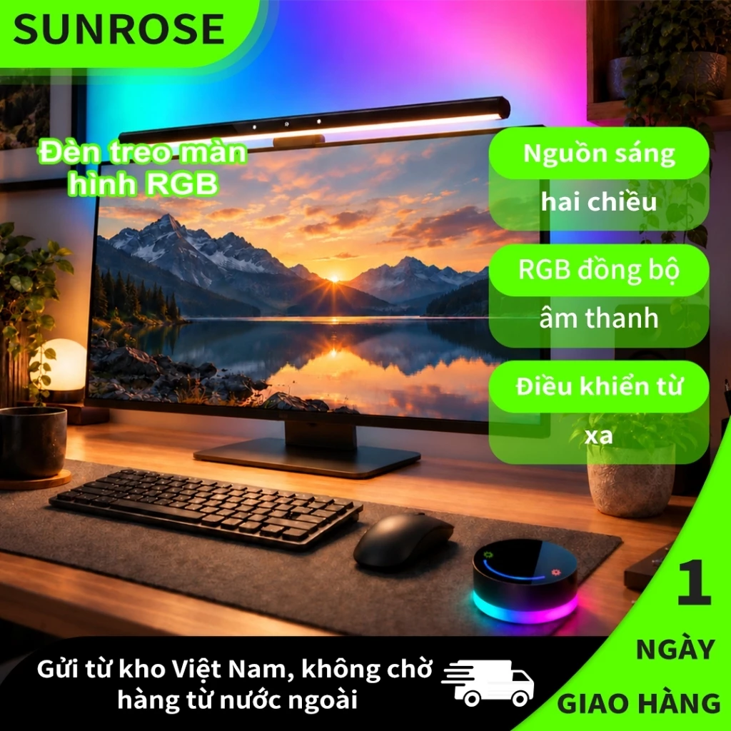 SUNROSE S7 PLUS Không dây Đèn LED màn hình máy tính Đèn gaming, Nguồn sáng hai chiều, Đèn xung quanh kích hoạt âm thanh, Chống ánh sáng xanh & Không chói, Điều khiển từ xa không dây, Chạy bằng USB, Light bar màn hình chơi game RGB