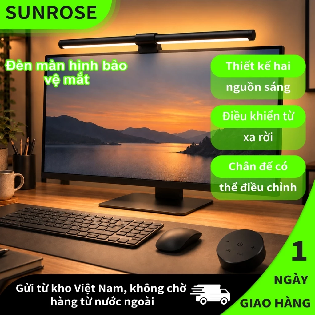 SUNROSE P3 ProThanh đèn giám sát nguồn sáng kép, 60° Đèn chống chói bất đối xứng, Nhiệt độ 3 màu, Không nhấp nháy, Chạy bằng USB, Đèn bàn chăm sóc mắt cho màn hình PC, Không có màn hình Refl