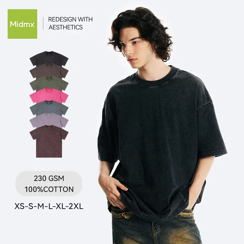 MIDMX Phong cách vintage Áo thun rửa tẩy Dễ phối đồ Cotton 230gsm Cổ tròn Unisex Nam Nữ