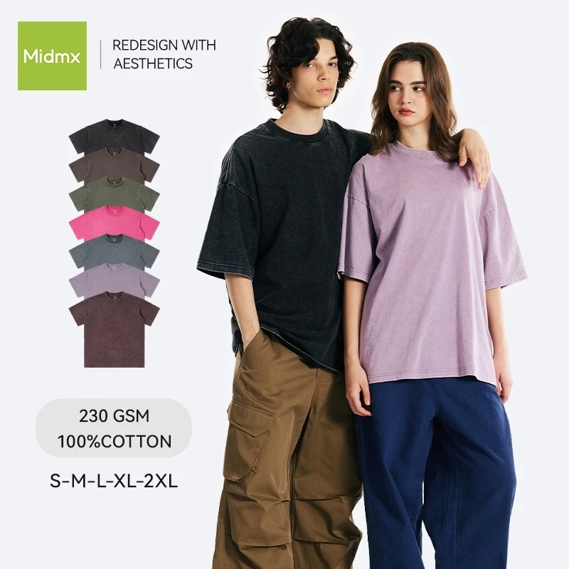 áo thun local brand Midmx Áo Thun Trơn Wash Áo Thun Boxy Form Rộng Unisex 230Gsm Cotton