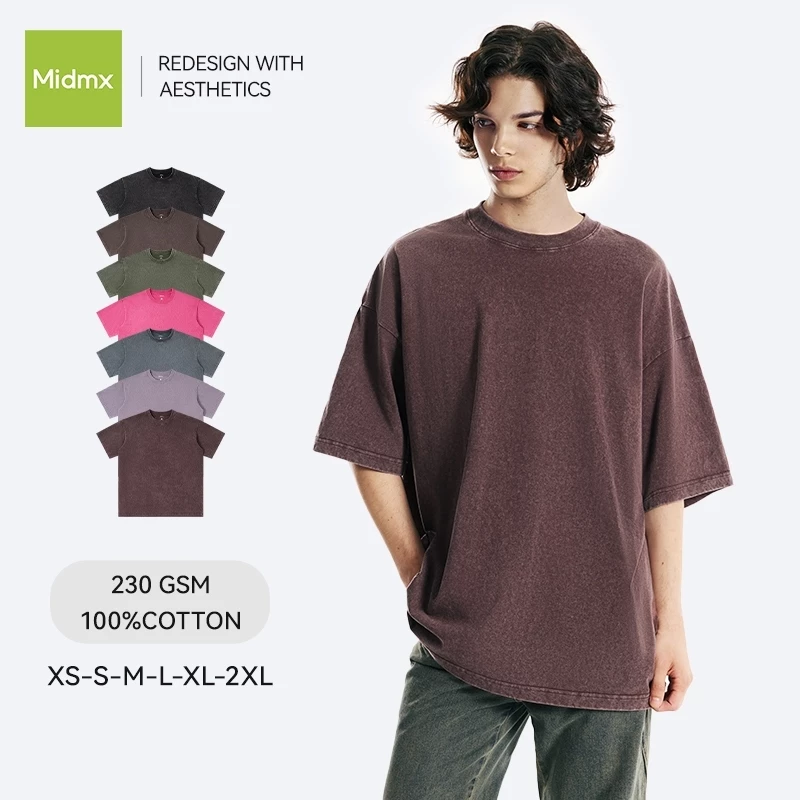 Áo thun nam màu trơn đã giặt Midmx, Unisex, Loose Fit, 8 màu, Cotton