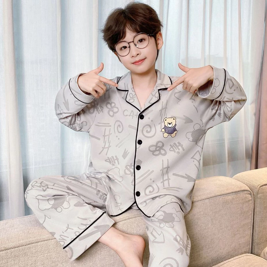 Kẻ Sọc Bé Trai Loungewear Dài Tay Ve Áo Đồ Ngủ Hoạt Hình In Tất Cả Bộ Đồ Ngủ Cho Bé Trai