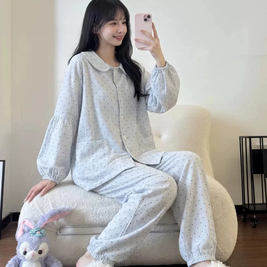 Bé Gái Đơn Giản Màu Xanh Chấm Bi Mùa Xuân Thu Bộ Đồ Ngủ Cotton Nguyên Chất Quần Dài Tay Mùa Thu 2026 Phong Cách Mới Cổ Búp Bê Homewear
