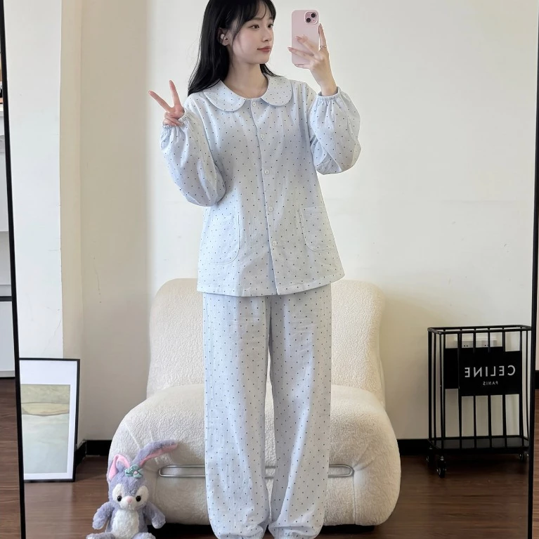Bé Gái Đơn Giản Màu Xanh Chấm Bi Mùa Xuân Thu Bộ Đồ Ngủ Cotton Nguyên Chất Quần Dài Tay Mùa Thu 2026 Phong Cách Mới Cổ Búp Bê Homewear