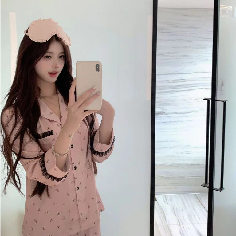 Phong Cách Hàn Quốc Giảm Tuổi Chấm Bi Nơ Bộ Đồ Ngủ Nữ Xuân Thu Mỏng Phong Cách Quần Dài Tay